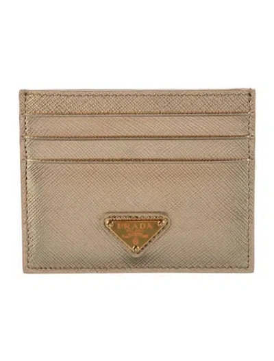 Pre-owned Prada Saffiano Triangle Leather Card Holder In Gold