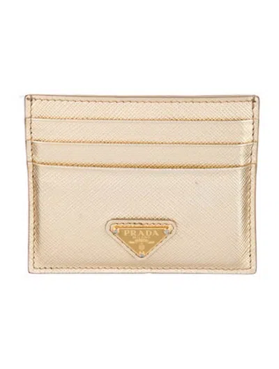 Pre-owned Prada Saffiano Triangle Leather Card Holder In Gold/metallic