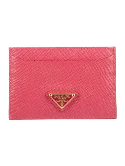 Pre-owned Prada Saffiano Triangle Leather Card Holder In Pink