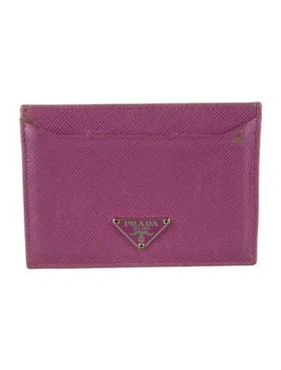 Pre-owned Prada Saffiano Triangle Leather Card Holder In Purple