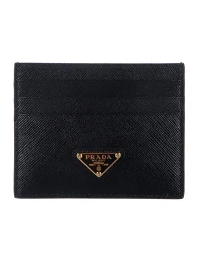 Pre-owned Prada Saffiano Triangle Leather Card Holder W/ Tags In Black