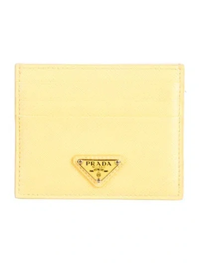 Pre-owned Prada Saffiano Triangle Leather Card Holder In Yellow