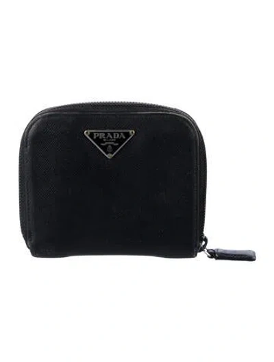 Pre-owned Prada Saffiano Triangle Leather Compact Wallet In Black
