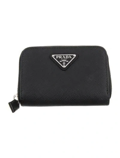 Pre-owned Prada Saffiano Triangle Leather Compact Wallet In Black