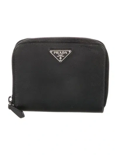 Pre-owned Prada Saffiano Triangle Leather Compact Wallet In Black