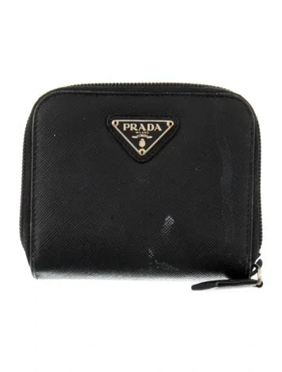 Pre-owned Prada Saffiano Triangle Leather Compact Wallet In Black
