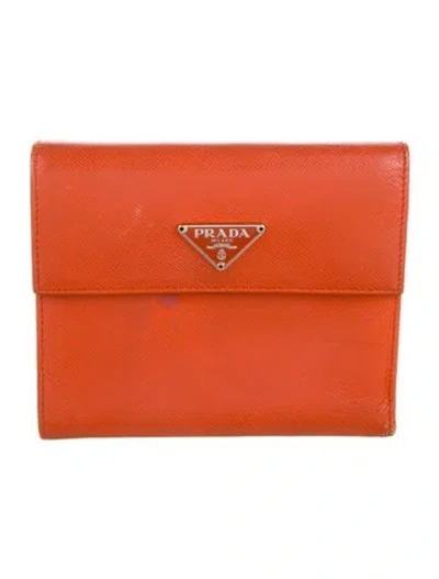 Pre-owned Prada Saffiano Triangle Leather Compact Wallet In Orange