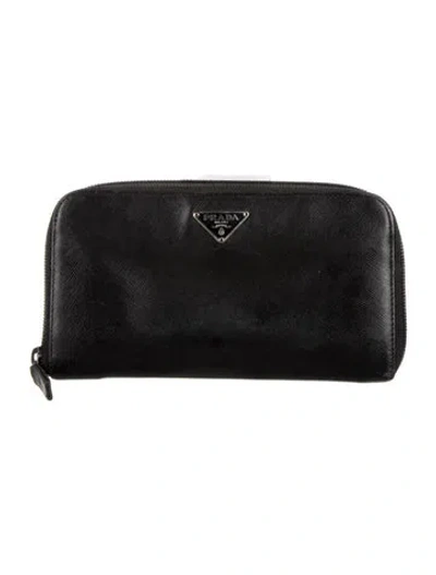 Pre-owned Prada Saffiano Triangle Leather Continental Wallet In Black
