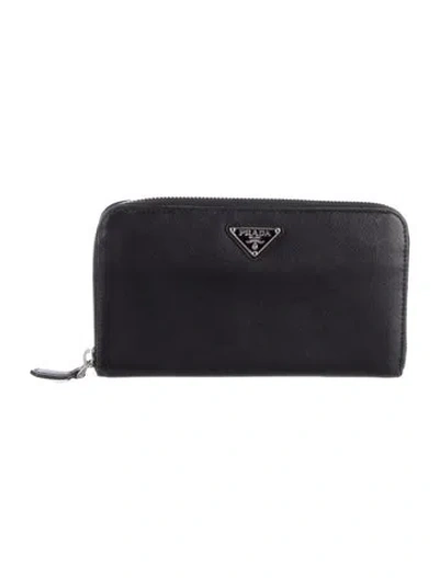 Pre-owned Prada Saffiano Triangle Leather Continental Wallet In Black