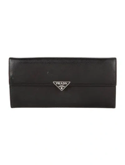 Pre-owned Prada Saffiano Triangle Leather Continental Wallet In Black