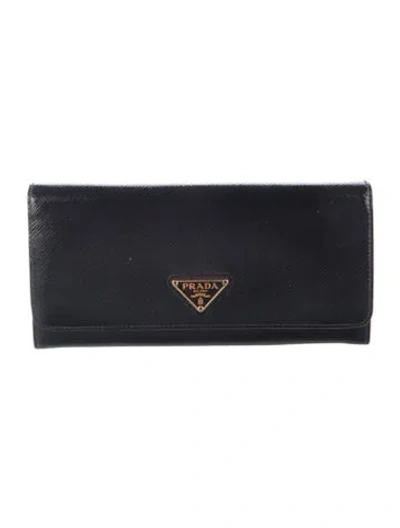 Pre-owned Prada Saffiano Triangle Leather Continental Wallet In Black