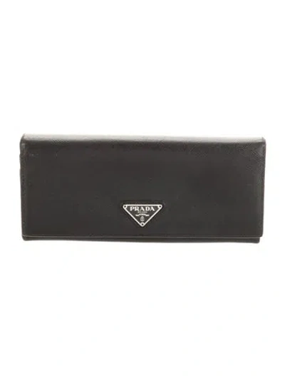 Pre-owned Prada Saffiano Triangle Leather Continental Wallet In Black