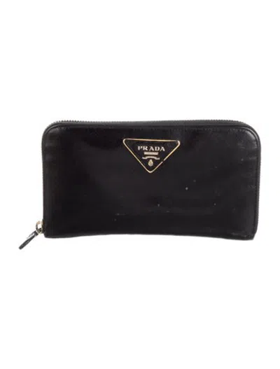 Pre-owned Prada Saffiano Triangle Leather Continental Wallet In Black