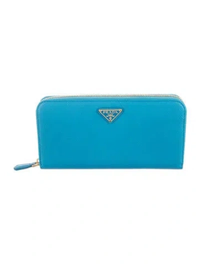 Pre-owned Prada Saffiano Triangle Leather Continental Wallet In Blue