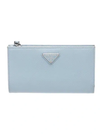 Pre-owned Prada Saffiano Triangle Leather Continental Wallet In Blue