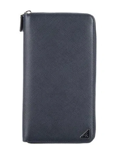 Pre-owned Prada Saffiano Triangle Leather Continental Wallet In Blue