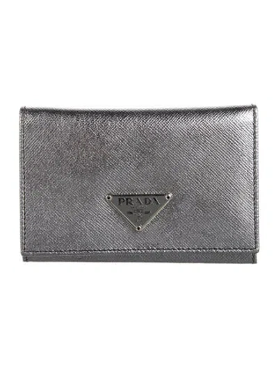 Pre-owned Prada Saffiano Triangle Leather Continental Wallet In Metallic/silver