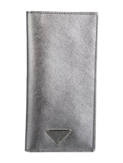 Pre-owned Prada Saffiano Triangle Leather Continental Wallet In Metallic/silver