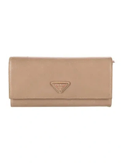 Pre-owned Prada Saffiano Triangle Leather Continental Wallet In Neutral