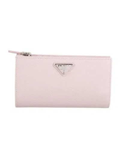 Pre-owned Prada Saffiano Triangle Leather Continental Wallet In Pink