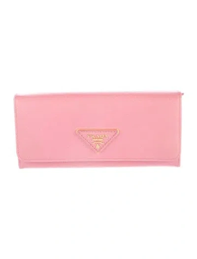 Pre-owned Prada Saffiano Triangle Leather Continental Wallet In Pink
