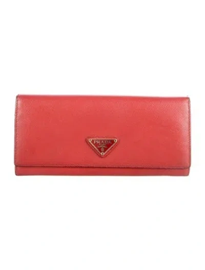 Pre-owned Prada Saffiano Triangle Leather Continental Wallet In Red