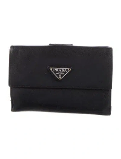 Pre-owned Prada Saffiano Triangle Leather French Purse In Black