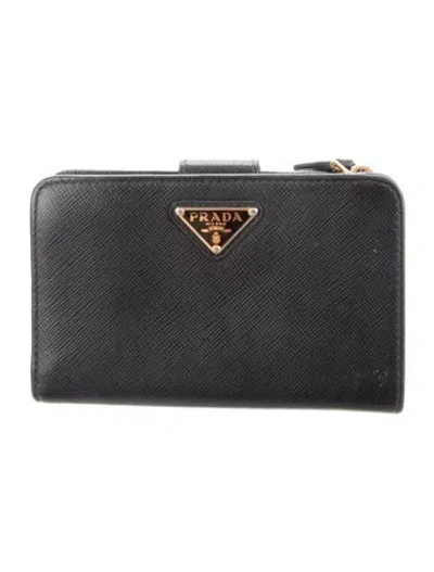 Pre-owned Prada Saffiano Triangle Leather French Purse In Black