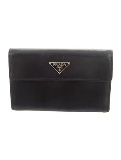 Pre-owned Prada Saffiano Triangle Leather Trifold Wallet In Black