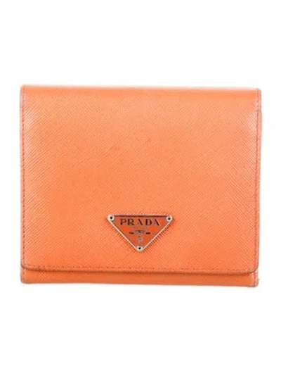Pre-owned Prada Saffiano Triangle Leather Trifold Wallet In Orange
