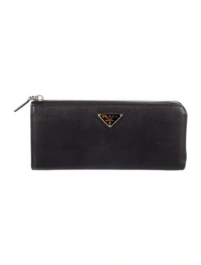 Pre-owned Prada Saffiano Triangle Leather Wallet In Black
