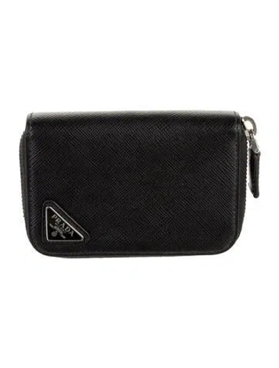Pre-owned Prada Saffiano Triangle Leather Wallet In Black