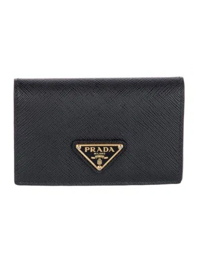 Pre-owned Prada Saffiano Triangle Leather Wallet In Black