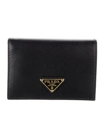 Pre-owned Prada Saffiano Triangle Leather Wallet In Black