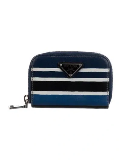 Pre-owned Prada Saffiano Triangle Leather Wallet In Blue