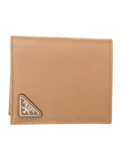 Pre-owned Prada Saffiano Triangle Leather Wallet In Brown
