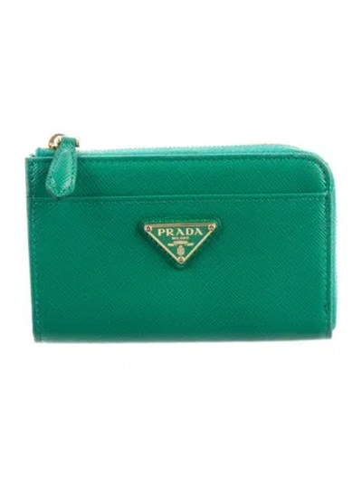 Pre-owned Prada Saffiano Triangle Leather Wallet In Green
