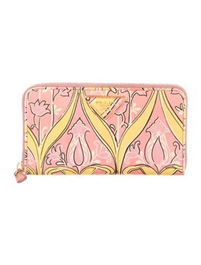Pre-owned Prada Saffiano Triangle Leather Wallet In Pink