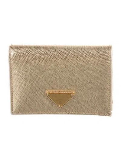 Pre-owned Prada Saffiano Triangle Leather Wallet W/ Tags In Gold/metallic
