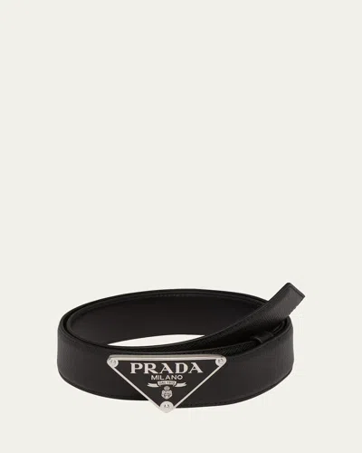 Prada Saffiano Triangle Logo Belt In Black
