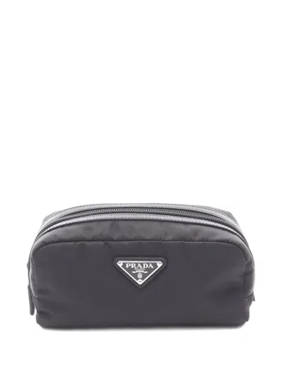 Pre-owned Prada Saffiano Triangle Logo Pouch In Black