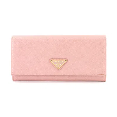 Pre-owned Prada Saffiano Triangle Long Wallet (bi-fold) () In Pink