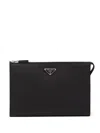 Prada Triangle Logo Re-nylon And Saffiano Leather Envelope Pouch In Black