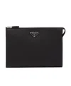Prada Logo Plaque Zipped Clutch Bag In Black