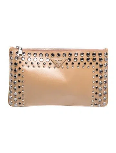 Pre-owned Prada Saffiano Vernice Leather Clutch In Neutrals