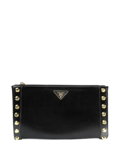Pre-owned Prada Saffiano Vernice Studded Clutch In Black