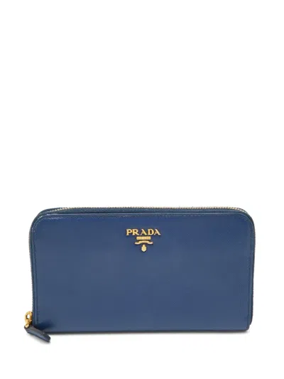 Pre-owned Prada Saffiano Zip-around Wallet In Blue