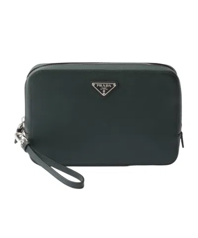 Prada Saffiano Zipper Clutch In Emerald Green