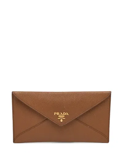Pre-owned Prada Saffiano-leather Envelope Wallet In Brown