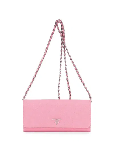 Pre-owned Prada Saffiano-leather Flap Chain-strap Wallet In Pink